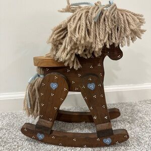 Vintage Wooden Painted Rocking Horse Yarn Mane Boy Girl Country Nursery Decor
